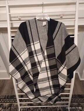 Black and Gray Plaid Open Front Poncho